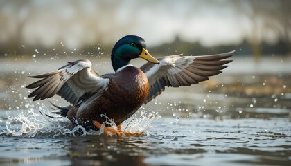 Obraz premium Mallard Duck Landing in Water with Wings Spread and Splashing