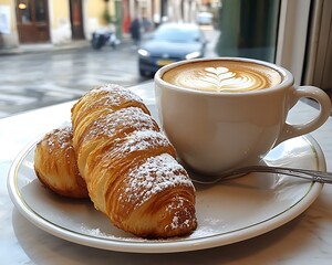 Coffee, croissant on plate, street view, cafe