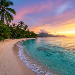 Tropical beach at sunset with golden skies, turquoise ocean, and swaying palm trees, creating a serene and picturesque paradise.