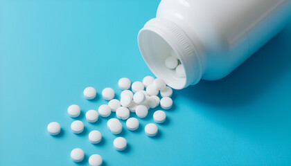 The bottle is open, and a stream of small, round white pills is pouring out, creating a trail of pills leading away from the bottle. The pills are white and uniform in shape