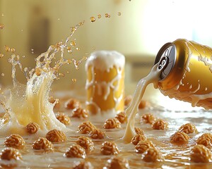 Beverage spilling on table with snacks indoors