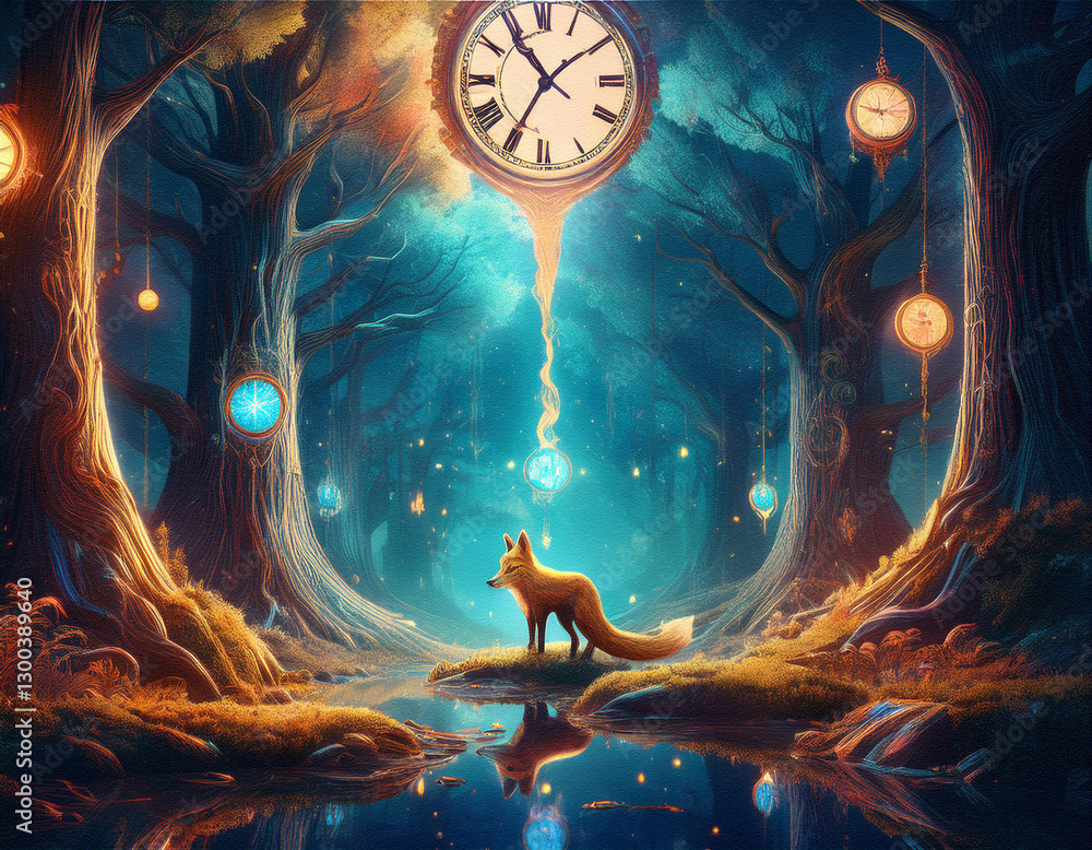 Poster enchanted forest scene with a fox and clocks hanging from trees. the dark and mystical background en