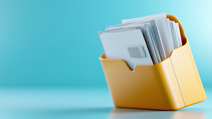 stylized 3D folder in pale yellow contains neatly organized documents against blue background. image conveys organization and efficiency