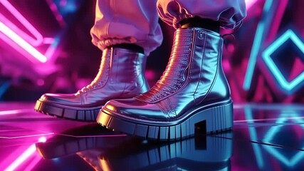 Stylish metallic boots on a reflective surface surrounded by vibrant neon lights at a party
