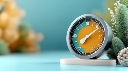 stylized 3D speedometer with vibrant orange and teal design is set against blurred background with plants, creating dynamic and modern aesthetic