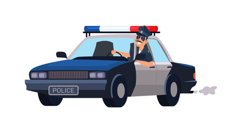 Smiling police officer driving classic black and white patrol car with red and blue emergency lights. Traffic policeman. Cartoon vector illustration. © backup_studio