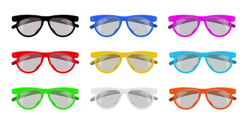 Sunglasses collection. Set of eye glasses in various color frames. Fashionable accessory. Spectacles. Sunlight protection accessory. Flat vector illustrations set isolated on transparent background.