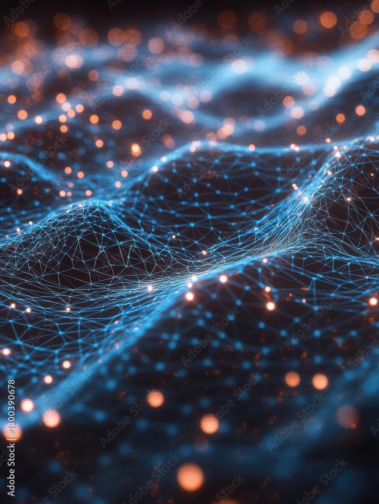 Poster an illustration showing a futuristic plexus-effect wireframe background.