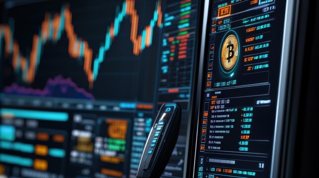 Cryptocurrency and Future Technologies - A dynamic crypto trading floor with digital screens displaying futuristic blockchain trends.