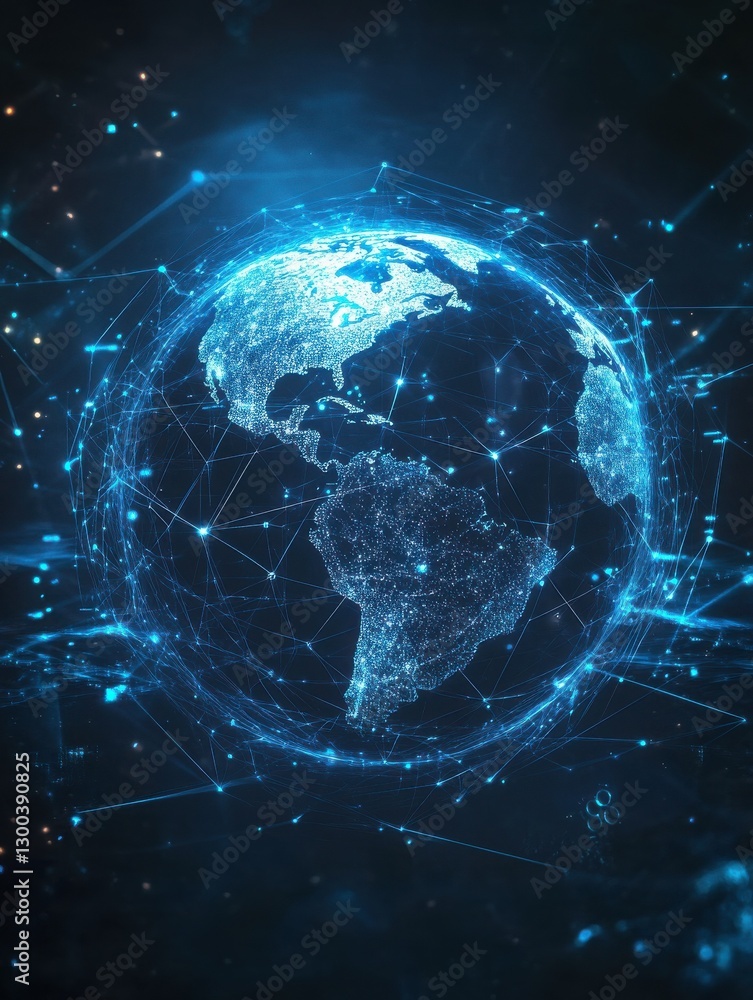 Poster an abstract globe shines with blue light, symbolizing a global network and the vast expanse of cyber