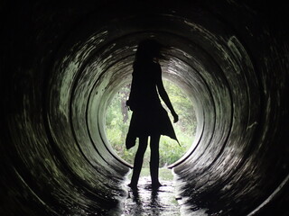 A figure stands inside a large tunnel, illuminated by natural light at the tunnel's end. The surrounding greenery hints at an exploratory adventure in a serene outdoor setting