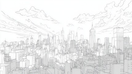 Fototapeta premium Architectural cityscape panorama sketching with dramatic sky and linear forms