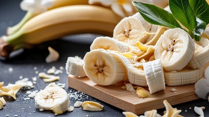 Fototapeta premium Freshly Sliced Bananas with Bananas and Tropical Decor on Wooden Board in Bright Kitchen Setting