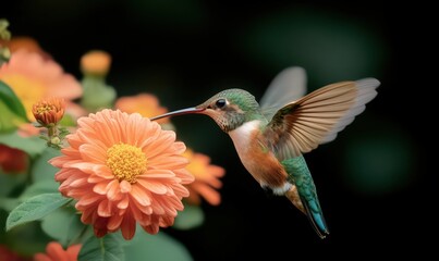 Hummingbird in Flight Near Orange Flower