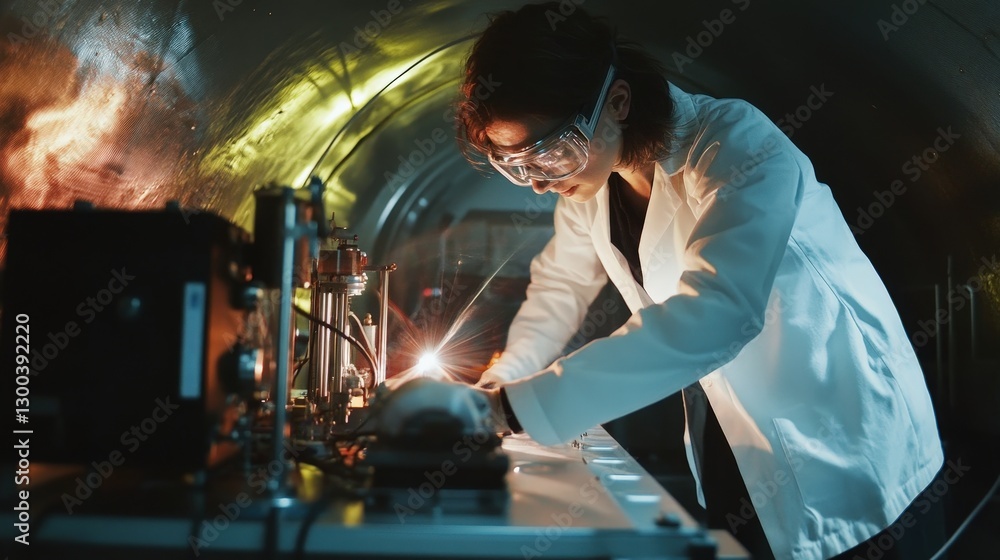Poster a scientist conducting a groundbreaking experiment on dark matter, using highly sensitive instrument