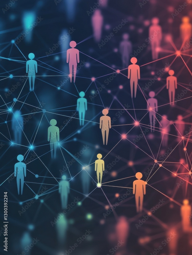 Poster abstract network of colorful people icons connected by lines, representing social interactions and c