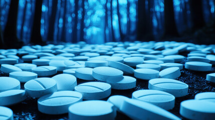 Fototapeta premium Fentanyl Painkiller Synthetic Opioid Crisis. Scattered white pills on a forest floor under a blueish light.