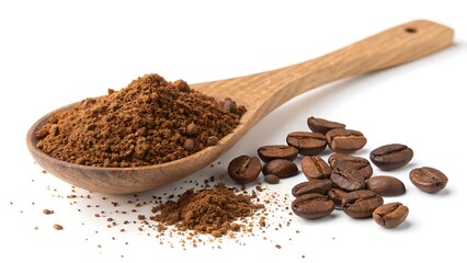 Wooden Spoon with Instant Coffee Powder and Coffee Beans on White Background