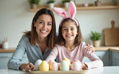 mother and daughter with easter bunny ears posing in the kitchen in front of easter eggs
