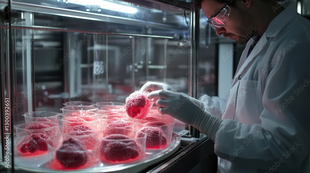 Poster a scientist in a biomedical research lab growing artificial organs using 3d bioprinting technology.
