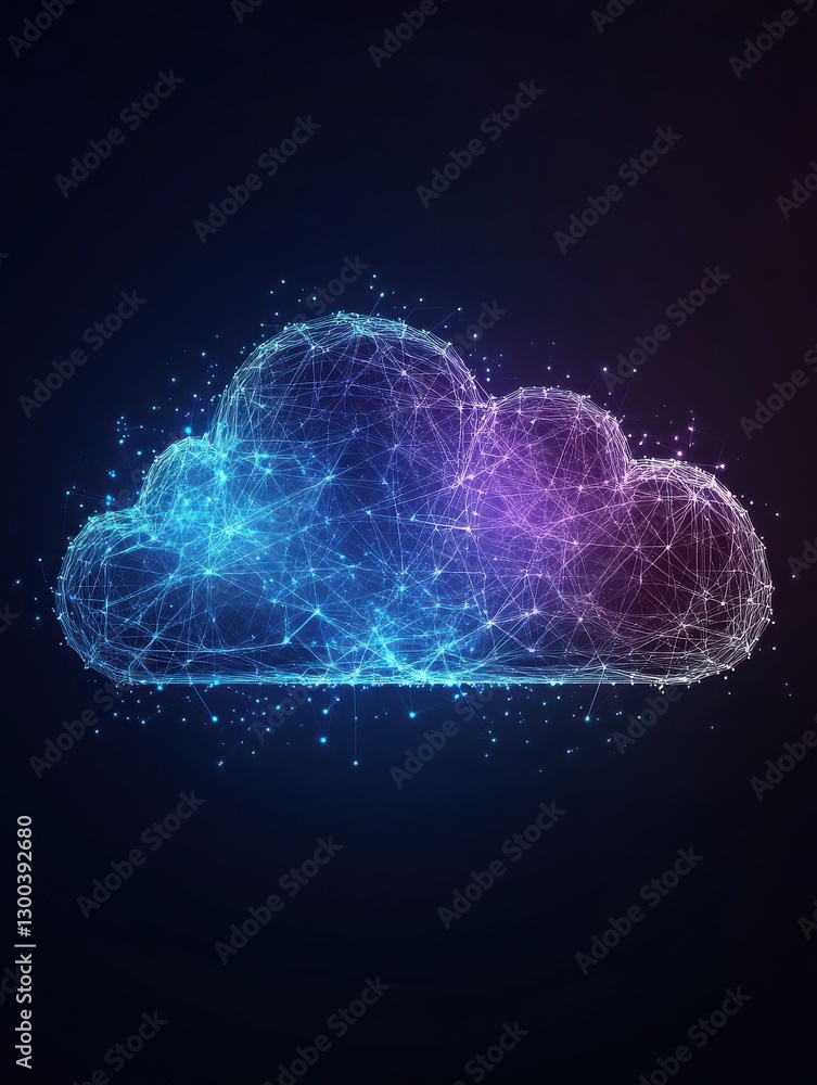 Poster bright digital cloud icon with wireframe design on dark background illustrating data storage and com