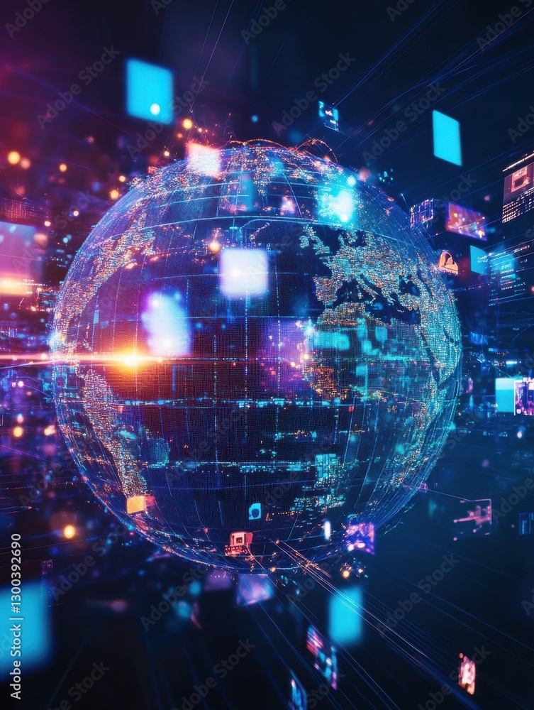 Poster abstract digital globe with global network connections and images of media content floating around i