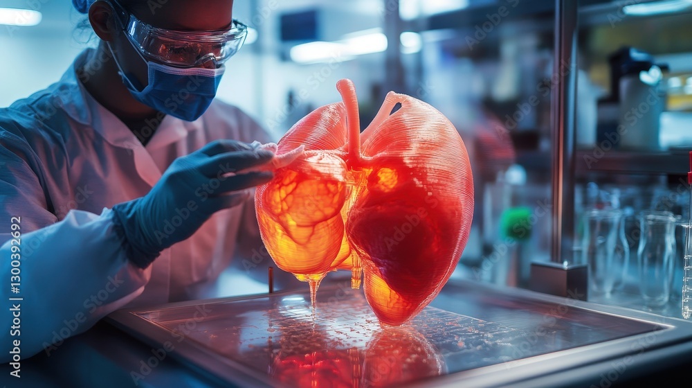Poster a scientist in a biomedical research lab growing artificial organs using 3d bioprinting technology.