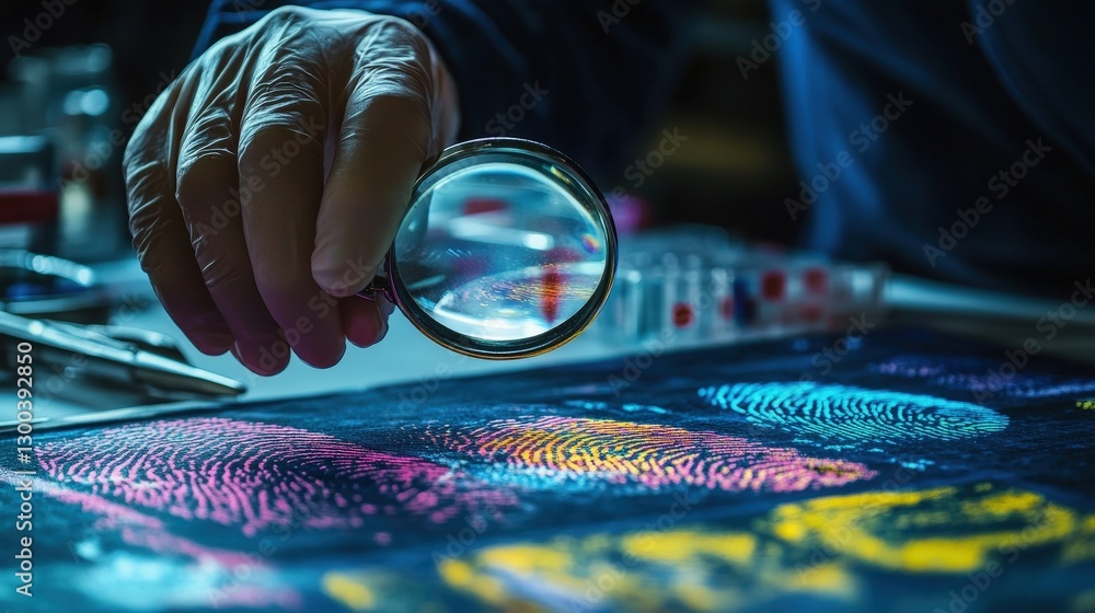 Aufkleber a scientist in a forensic science lab examining fingerprints under a magnifying glass, with dna samp