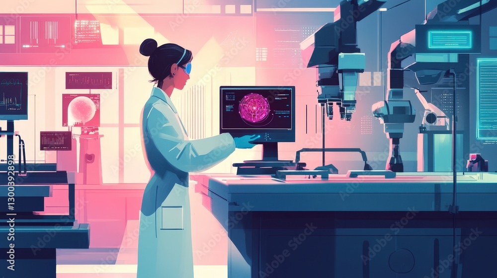 Poster a scientist in a futuristic ai research center training an advanced machine learning model for predi