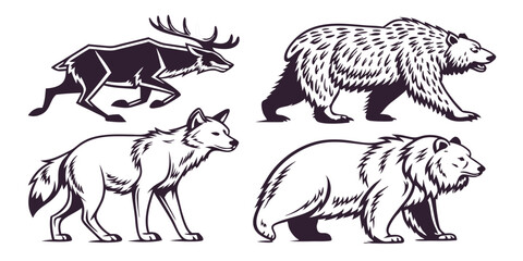 Alaskan Animals Vector Set – Moose, Lynx, Grizzly Bear, Wolf, Bison & More