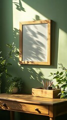 Framed mock up, desk, green wall, plant shadows