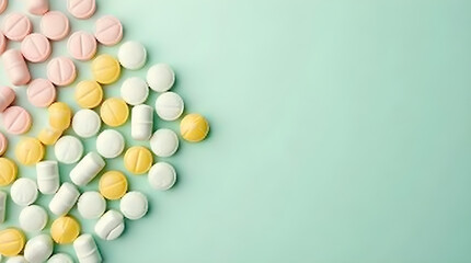 Colorful Assorted Pills Medication Tablets Capsules Pink Yellow White on Mint Green Background Healthcare Pharmacy Medicine Flat Lay Top-Down View Close Up Shot