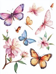 Fototapeta premium Butterflies and flowers. Isolated branch, flower and butterfly. Dragonfly, flying insects and natural elements. Summer spring season kit