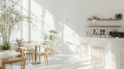 A bright, open-concept minimal with a clean white aesthetic, natural sunlight, and a calming environment