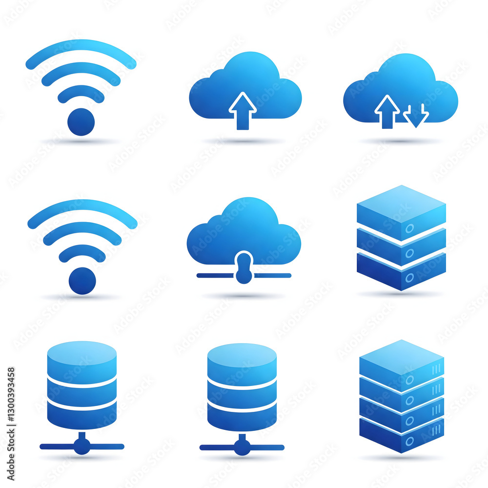 Poster Set of cloud computing and wireless network icons in various styles, representing data storage, internet connectivity, and digital communication for technology applications.