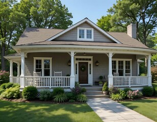 Fototapeta premium Charming House with Porch and Landscaped Yard Under Bright Blue Sky