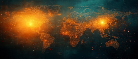 Obraz premium Global Connectivity Network Illuminating Earth s Cities and Continents on a Dark Background