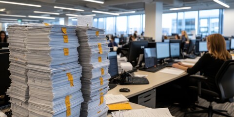 A bustling office scene with stacks of papers and focused employees working at their desks, embodying productivity.