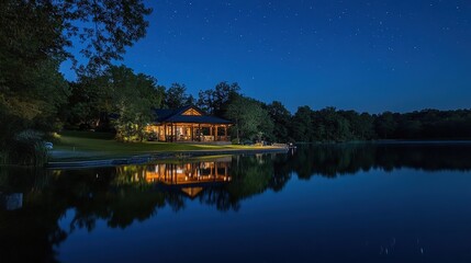 Fototapeta premium A serene lakeside view at night, with the stars reflecting in the still water