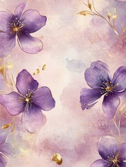Spring floral in watercolor vector background. Luxury wallpaper design with purple flowers, line art, golden texture. Elegant gold blossom flowers illustration suitable for fabric, prints, cover.