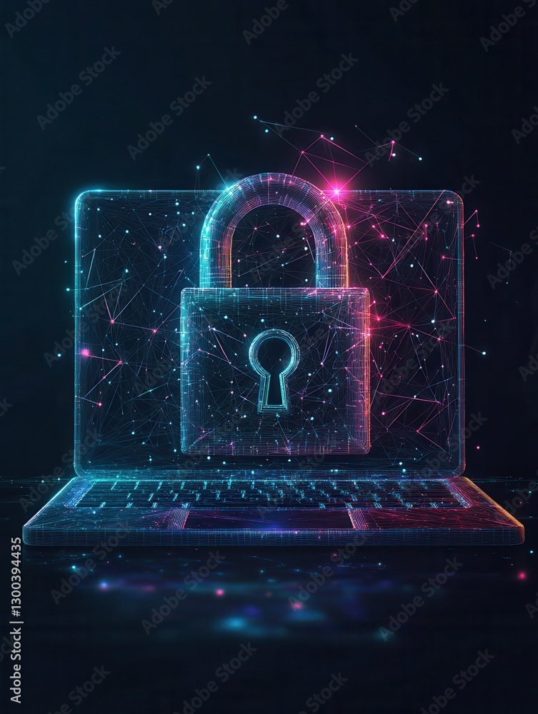 Poster modern illustration of a lock on a laptop screen. this is a low poly wireframe modern illustration. 