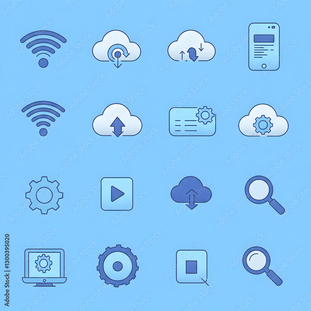 Poster set of cloud computing and wireless network icons in various styles, representing data storage, inte