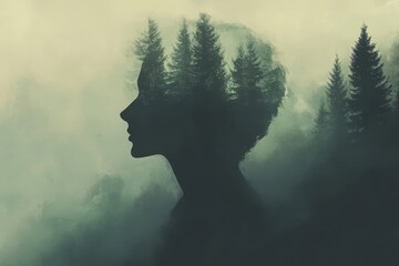 Ethereal Woman Silhouette Merging with Forest Landscape in Dreamy Misty Atmosphere, Symbolizing Nature, Identity, and Inner Reflection in Creative Artwork
