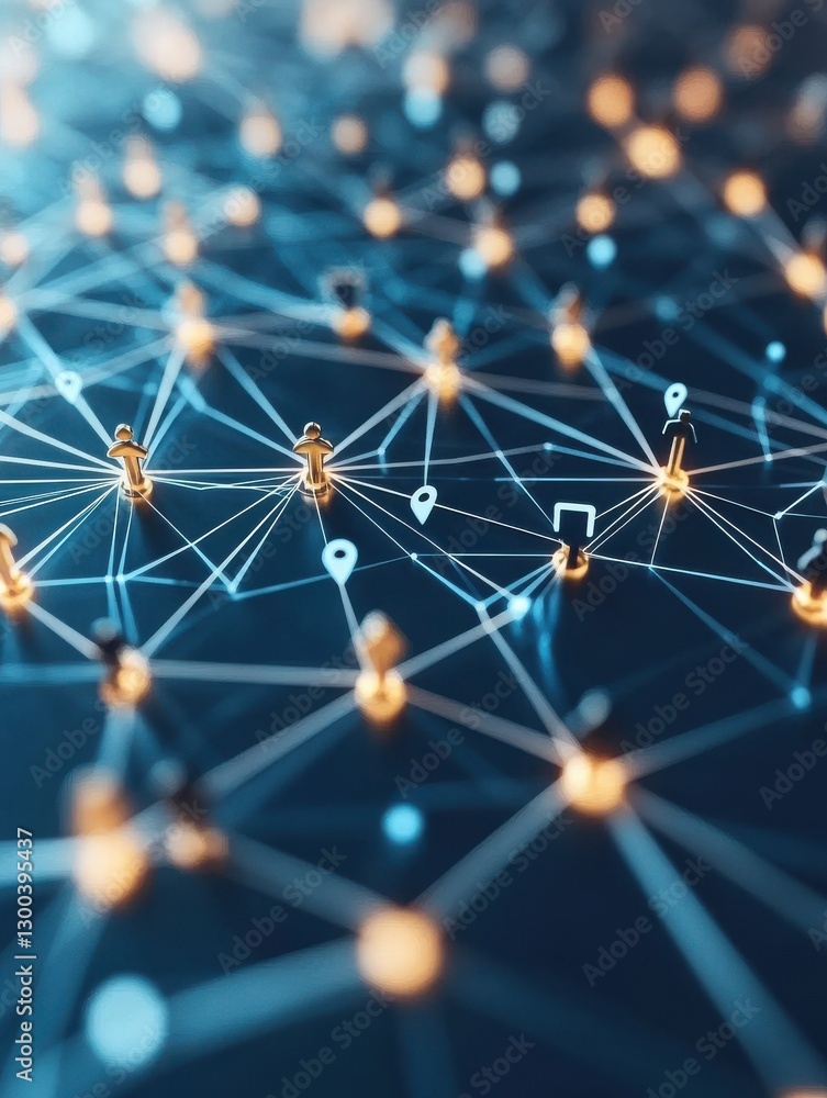 Poster a digital network connecting multiple user icons, symbolizing communication and interaction in a hig