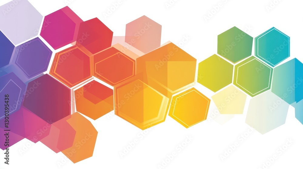 Poster interconnected hexagons, each filled with a gradient of colors, creating a honeycomb-like structure 