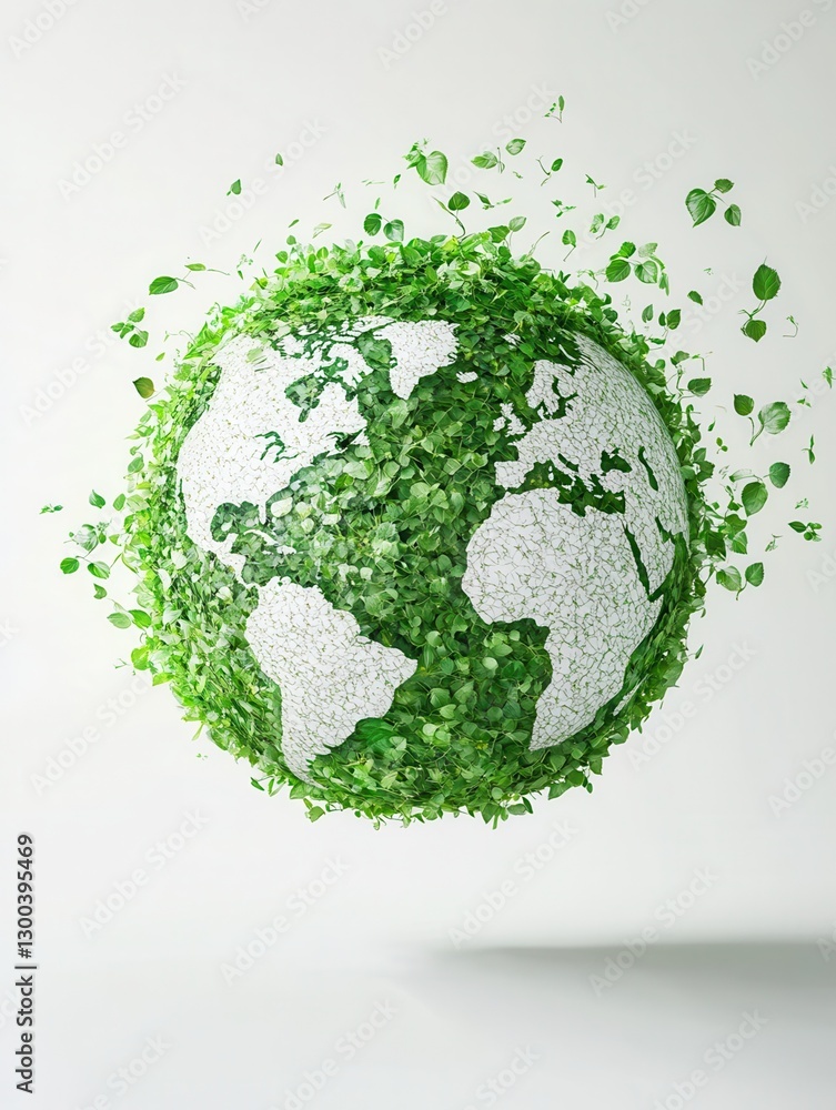 Poster ecofriendly globe icon made of leaves and vines floating above a white background with soft shadows 