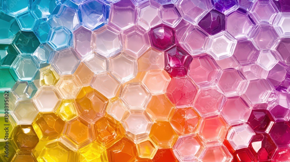 Poster interconnected hexagons, each filled with a gradient of colors, creating a honeycomb-like structure 