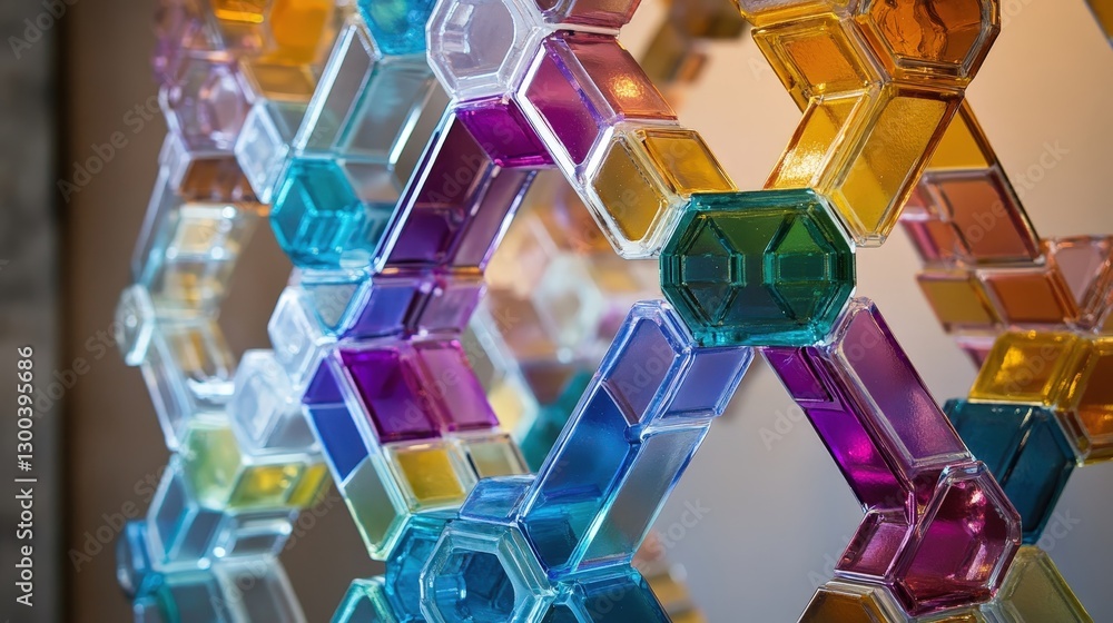 Poster interconnected hexagons, each filled with a gradient of colors, creating a honeycomb-like structure 