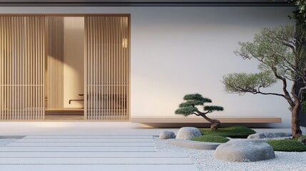 A Japanese-inspired minimalist with a simple white exterior, a sliding wooden door, and a small zen garden with stones and a bonsai tree at the entrance