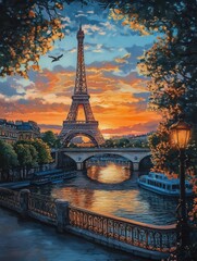 Paris Skyline with Eiffel Tower at Sunset.